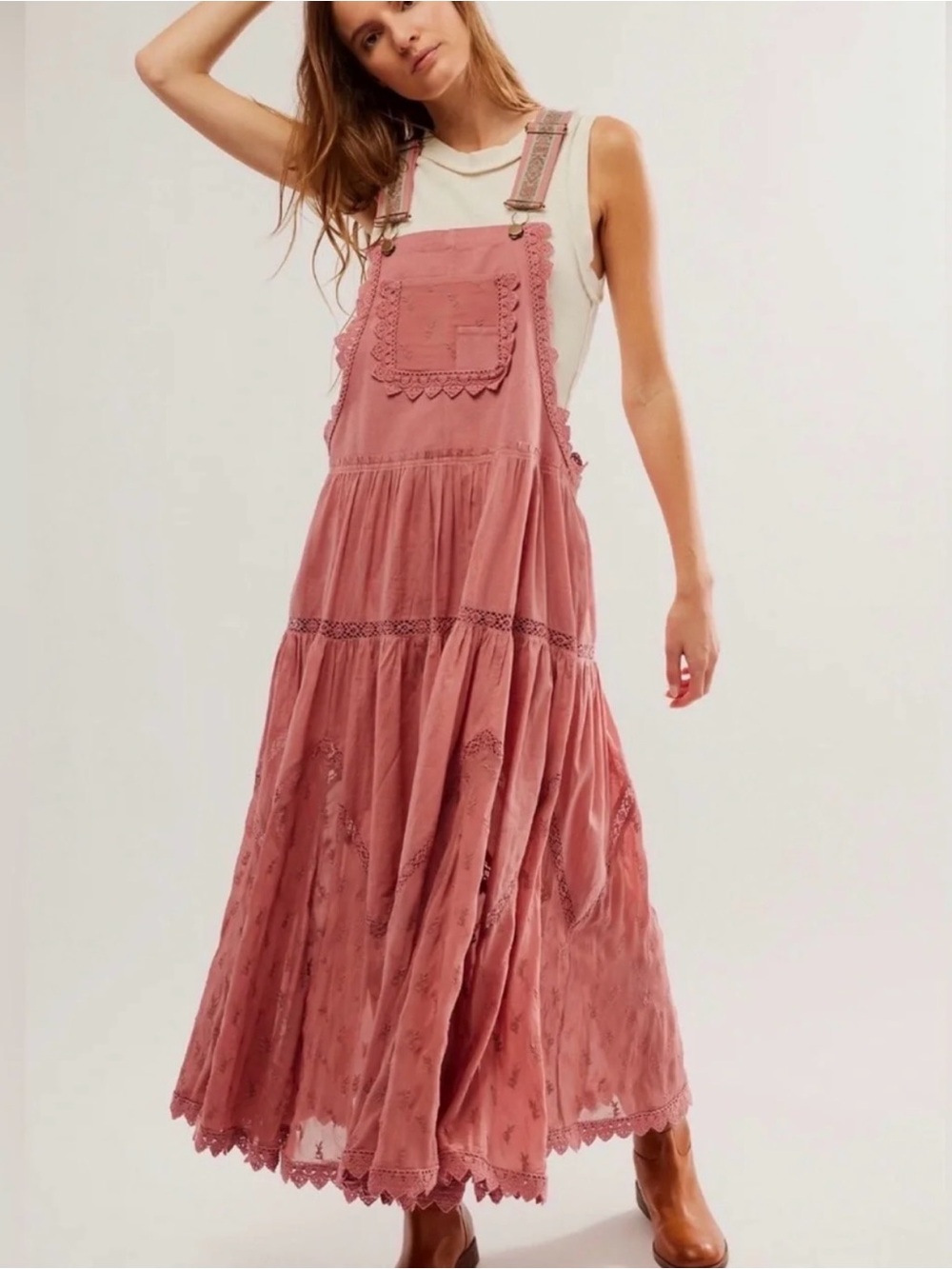 Free People Size Large Trails End Skirtall Old Rose Lace-Trim Maxi Overall Dress